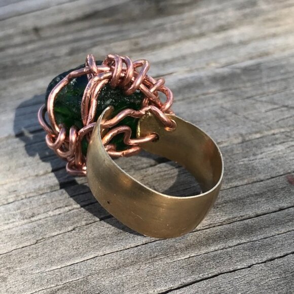 Emerald Green Sea Glass Copper Brass Ring Custom Cocktail Dinner Statement Boho - Picture 3 of 6